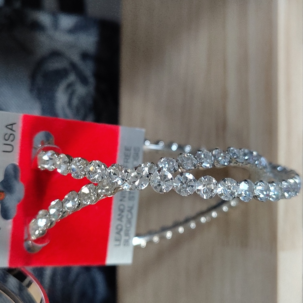 🆕Surgical/Lead/Nickel Free Silver Bling XL Hoop Earrings Nwt